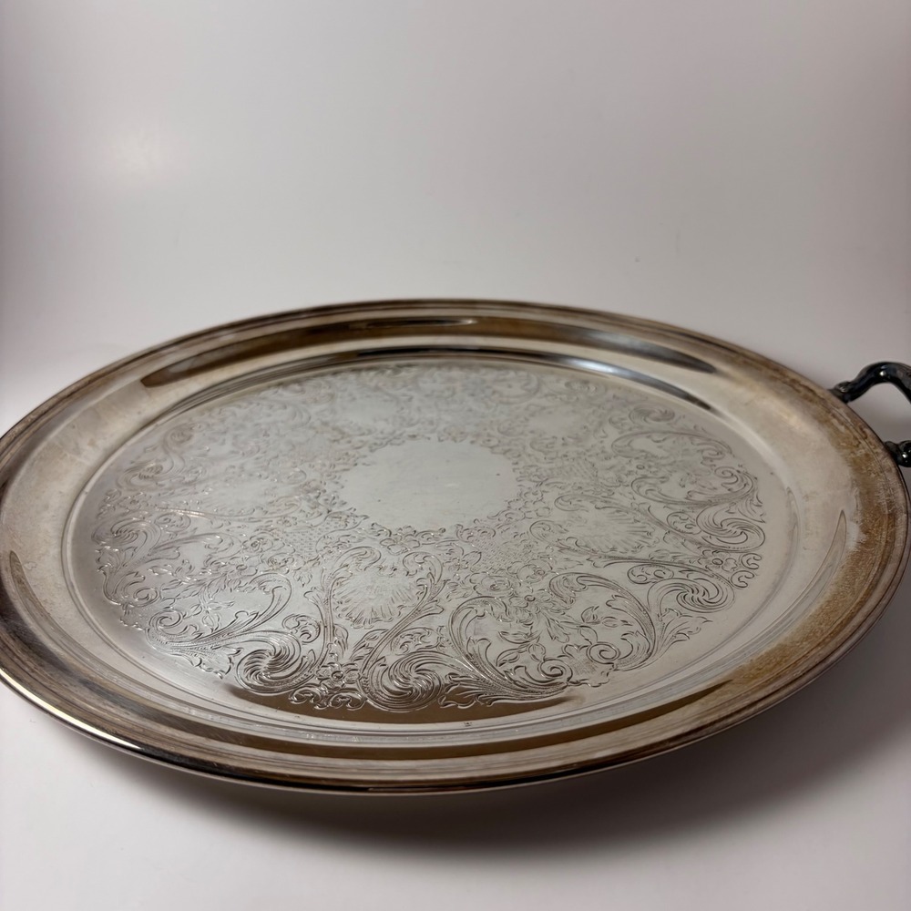 Sheridan‎ Silverplate Round Serving Tray Etched Floral Design with Handles 12in